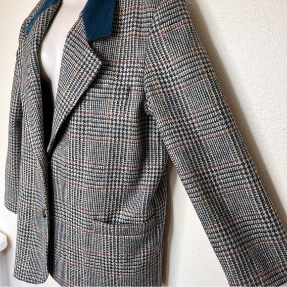 Vintage International Scene Wool Glen Plaid Suede Leather Lapel Blazer Women 14 - Picture 3 of 16
